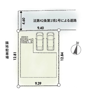 【区画図】 | 伊勢原市板戸  1号棟 第2 | 北側約4.6ｍ公道　駐車並列2台（車種によります）　敷地面積36.4坪