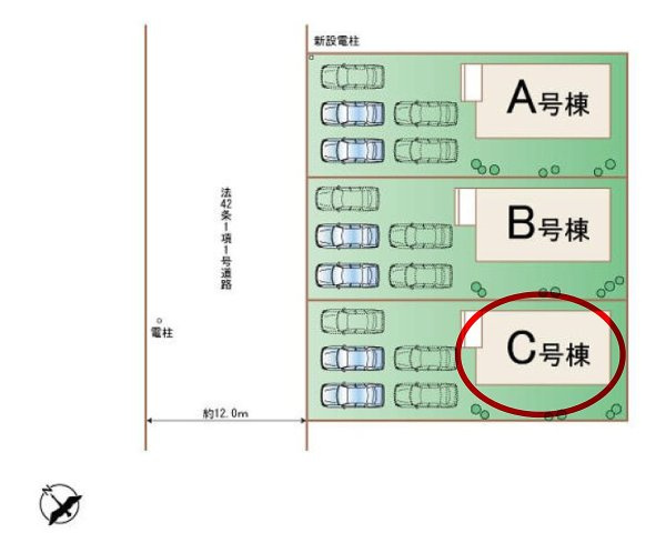 ハートフルタウン 前橋市広瀬町3丁目1番　C号棟の区画図|駐車場並列３台ご用意しています！最大5台ＯＫ！
前面道路も広く車の出し入れもしやすいです！