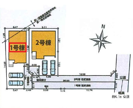 所沢市下安松・全2棟　新築一戸建　1号棟の区画図|【全2棟・1号棟】
並列駐車2台可能です。