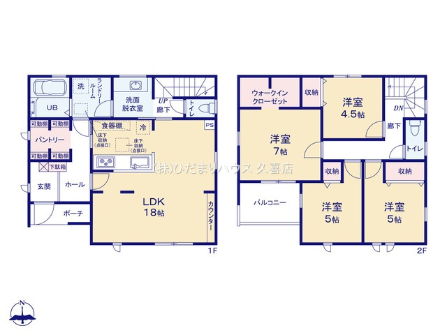 加須市多門寺　新築一戸建て　06　リーブルガーデンの間取り|リビング全体を見渡せる対面キッチンで広々18帖のLDK♪