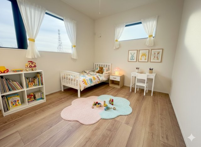 三郷市寄巻　新築戸建　全1棟の子供部屋|現況の物件写真にCGによる画像処理を行っています。家具、家電、小物、カーテン等はイメージはCGです。