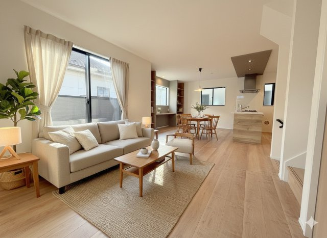 三郷市寄巻　新築戸建　全1棟の居間・リビング|現況の物件写真にCGによる画像処理を行っています。家具、家電、小物、カーテン等はイメージはCGです。