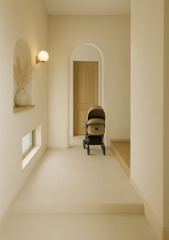 グラッドタウン　交野市東倉治の完成予想図|【B号地プラン例】広々玄関イメージ　忙しい日々でも“我が家に帰る時間”を格別に。
