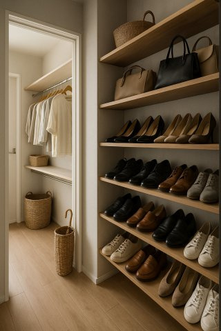 グラッドタウン　交野市東倉治の完成予想図|【B号地プラン例】玄関→シュークロ→ファミクロ→洗面所までの　“片付くただいま動線”　イメージ
