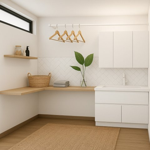 グラッドタウン　交野市東倉治の完成予想図|【B号地プラン例】ランドリールームで室内干し→ファミクロへ片づける。忙しい日々の家事負担を最小限に
