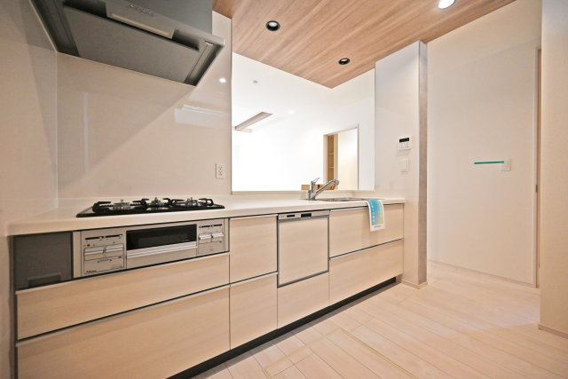 ブルーミングガーデン中野北1丁目新築一戸建│3LDK+インナーガレージのキッチン|1階キッチン奥側から撮影した内観写真です。浄水器一体型水栓、食器洗い乾燥機などの充実した設備内容です。