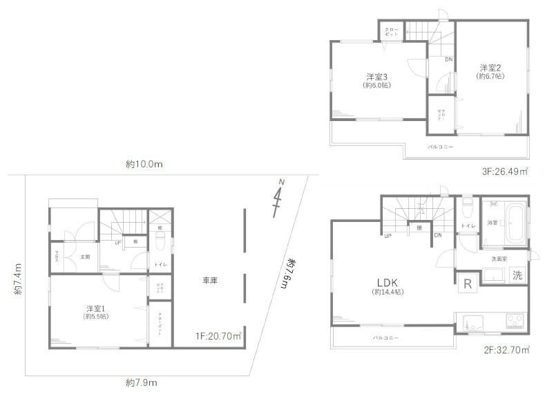 中野区江原町1丁目　陽だまり邸宅　新規リフォーム戸建の間取り|3LDK+ビルトイン車庫　敷地面積 66.67ｍ2　建物面積 79.89ｍ2