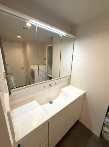 【独立洗面台】 | レーベンハイム志村プレノルガール | 身だしなみチェックや歯磨きなど、朝の慌ただしい時間でも余裕とゆとりを感じられる。