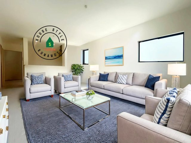 熊本市南区富合町杉島第2-2棟(1号棟)の内観：施工例|明るく開放的なリビングダイニングは豊かな陽光が注ぎ込み、やすらぎの空間を演出してくれます。ご家族で楽しいひとときをお過ごし下さい。※家具はCGを合成したものです。