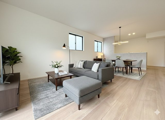 三郷市鷹野1丁目　新築戸建　全2棟　A号棟の居間・リビング|現況の物件写真にCGによる画像処理を行っています。家具、家電、小物、カーテン等はイメージはCGです。