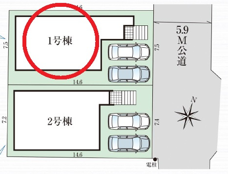 岡崎市細川町２期　新築分譲住宅　全2棟　1号棟の区画図