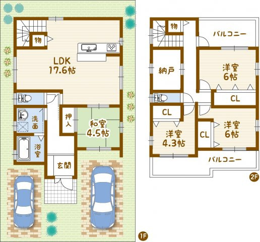 グラッド・タウンニュー三箇5丁目（建築条件付き土地）の土地図＋建物プラン例|光が入るリビング、家事がはかどる間取り。世界にひとつのわが家。

