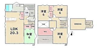 【間取り】 | 西京区川島三重町 | 《4号地》価格：9480万円　土地面積：149.06平米　延床面積：120.43平米（1F：65.83平米　2F:54.65平米）