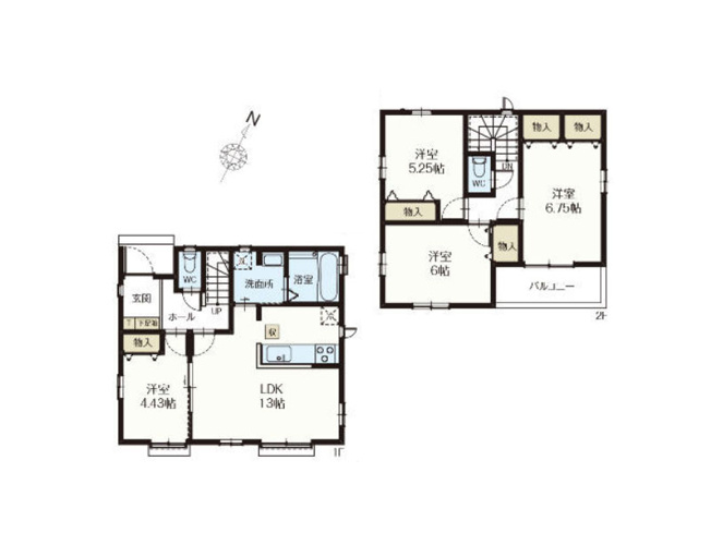 【間取り】 | 新座市石神4丁目　新築一戸建住宅　全13棟　(保谷店) | 1-O号棟/水回りがまとまり家事効率のよい間取り。収納も各居室に備えています。※図面を基に作成しています。現況と異なる場合は現況を優先いたします。