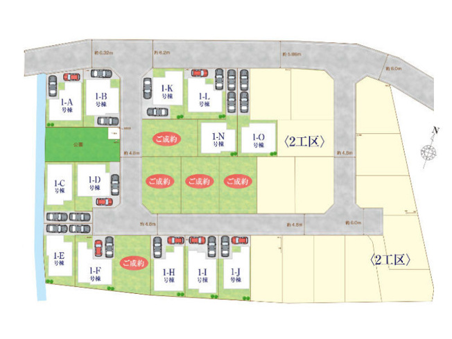 【区画図】 | 新座市石神4丁目　新築一戸建住宅　全13棟　(保谷店) | 1-O号棟/ご夫婦でお車をお持ちの方も嬉しい2台分のカースペース付き(車種によります)。※図面を基に作成しています。現況と異なる場合は現況を優先いたします。