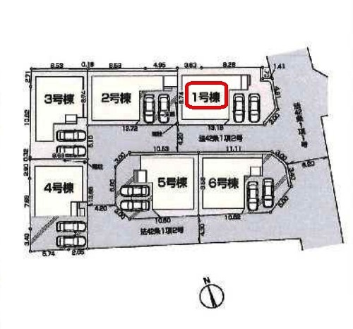 所沢市上新井1丁目・全6棟　新築一戸建　1号棟の区画図|【全6棟・1号棟】南東角地につき陽当たり・通風良好！土地面積124.42平米（約37.63坪）