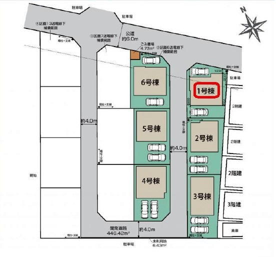 入間市下藤沢５丁目・全13棟　新築一戸建　1号棟　の区画図|土地面積118.83平米（約35.94坪）カースペース2台分