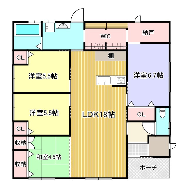 西条市下島山甲2055-87　中古戸建の間取り|階段移動のない平屋ライクな動線は、家事の負担を軽減し将来も長く安心して暮らせます。86坪超の敷地を活かした駐車3台以上のスペースとお庭との繋がりも絶妙で、内と外が調和する理想の間取りを実現。