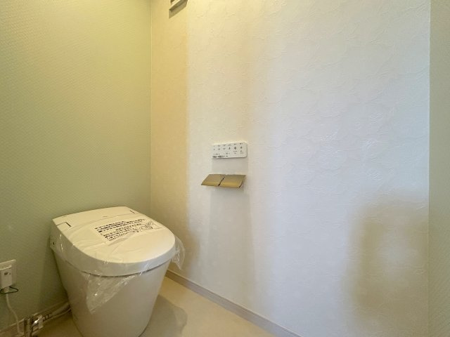 南国市大そね甲未使用一戸建てのトイレ|爽やかな壁紙にかっこいいタンクレストイレが映えます。