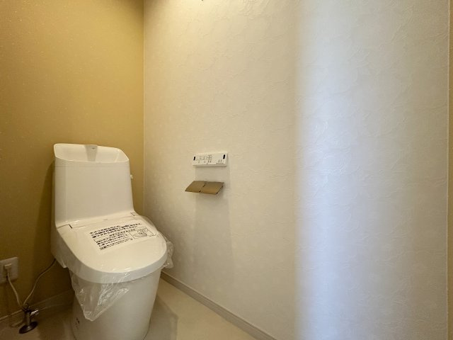 南国市大そね甲未使用一戸建てのトイレ|２階にもトイレがあります。アクセントクロスやペーパーホルダーまでこだわっています。
