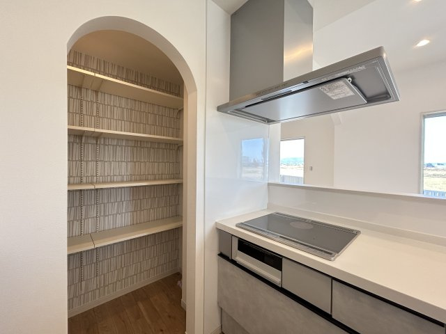 南国市大そね甲未使用一戸建てのキッチン|たっぷり入るパントリーがあるのでストックもたくさんできます☆