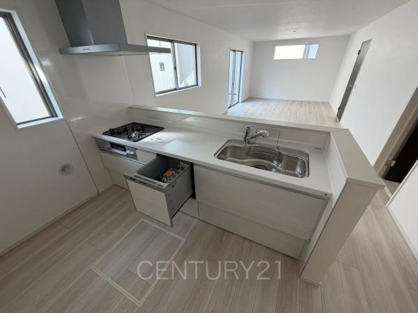 前橋市北代田町2期 1号棟のキッチン|シンクも大きく洗い物もしやすい浄水器付。シャワーヘッドは引き出し可能、シンクの隅々まで洗い流せます。
食器洗い乾燥機付きです。