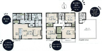 【間取り】 | 厚木市水引2丁目  1号棟 | 都市ガス　屋上バルコニー+南向きバルコニー　1階掃き出し窓シャッター付　浴室乾燥機+窓　WIC2箇所　パントリー　LDK17.1帖