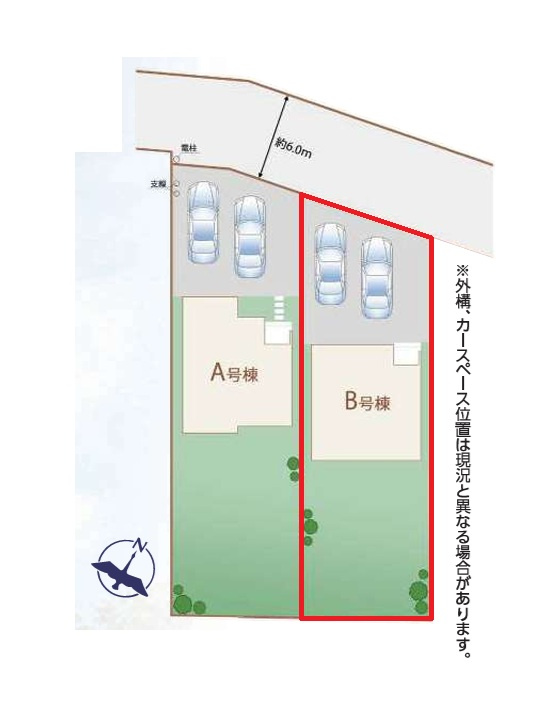 ハートフルタウン 　ひたちなか市足崎1474番　Bの区画図|並列駐車可能です。内覧、他の物件と合わせての現地ご案内も可能です！HPから、またお電話でも、お気軽にお問い合わせください。
