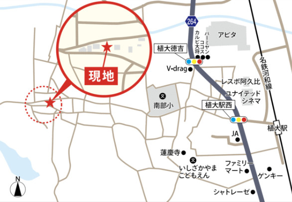 知多郡阿久比町大字植大字北本会下　売り土地の地図