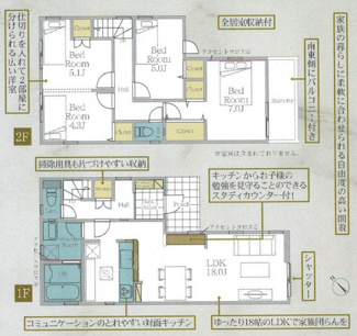 【間取り】 | 南区豊町  1号棟 1期 | 4LDK　都市ガス　網戸標準仕様　シャッター1箇所付　Ｗロックディンプルキー　食洗器・浄水器　浴室乾燥機+窓　全居室収納　LDK18帖