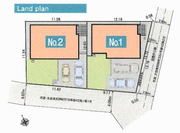 新築　太田市東別所町　1号棟の区画図|全2区画の1号棟です。土地約42坪。