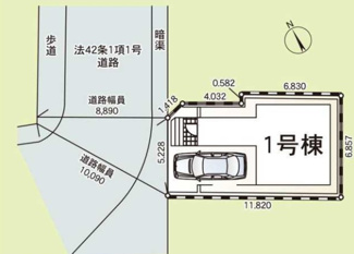 【区画図】 | 寒川町一之宮2丁目  1号棟 第52 | 北西側約8.8ｍ～約10ｍ公道　駐車1台（ビルトインガレージ・車種によります）　敷地面積23.4坪