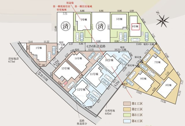 飯能市双柳・全14棟　新築一戸建　6号棟の区画図|【全14棟・6号棟】カースペース2台分。