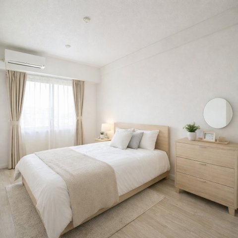 ソフィア上尾A棟のその他|洋室７．８帖はバルコニーに面し、主寝室にもおすすめ（家具はイメージ）。朝の光で目覚め、夜は静かに休めるサイズ感。ベッド横に小さなデスクも置けて、ひと息つける“自分の基地”が作れます。