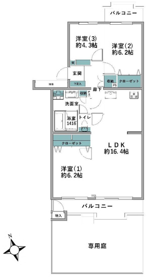 【間取り】 | 厚木リバーサイド８号棟 | 3LDKは、リビングダイニングキッチンと3つの居室がある間取り。ファミリー層に非常に人気の高い間取りで、広々としたリビングで家族団らんを楽しみ、個室でプライベートな時間も確保できるのが大きな魅力です。