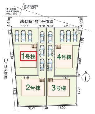 飯能市双柳・全4棟　新築一戸建　1号棟　～駐車並列3台分～の区画図|【全4棟・1号棟】カースペース並列3台分(車種による)