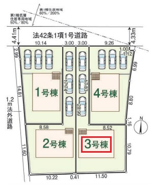 飯能市双柳・全4棟　新築一戸建　3号棟の区画図|【全4棟・3号棟】カースペース3台分(車種による)