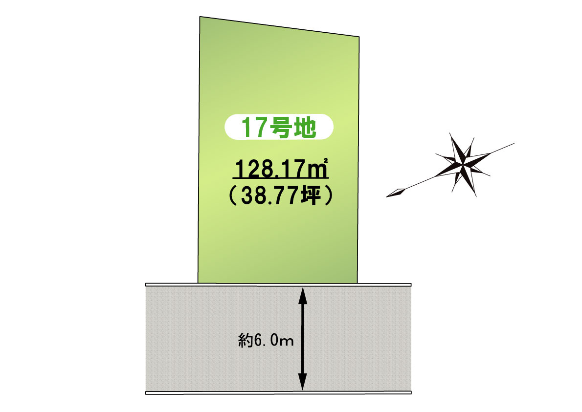 泉佐野市日根野　建築条件無し売土地　17号地の土地図|3415-17号地　38.77坪　980万円　前面道路幅6ｍ