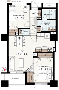 【間取り】９階部分南西向き住戸。陽当たり・通風・眺望良好。多彩な収納を設けた動線を考慮した収納を各所に配置。
