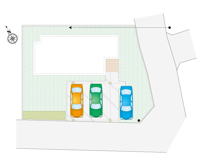 【館林市堀工町6期全１区画　区画図】
敷地面積225.45㎡(68.19坪)
建物面積105.99㎡(32.06坪)
南東角地で3台駐車可能です。