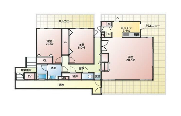 イーストヴァリュー弦巻　最上階　角部屋　駅近　南面リビングの間取り
