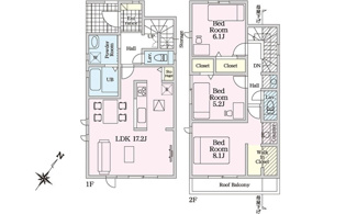 【間取り】 | 廿日市市前空４　2780万円～（前空駅）全2区画　NO1.2 | （No１間取り）17.2帖広々南向きリビング♪ウオークインクローゼットもある、ファミリー向け３LDKの間取り