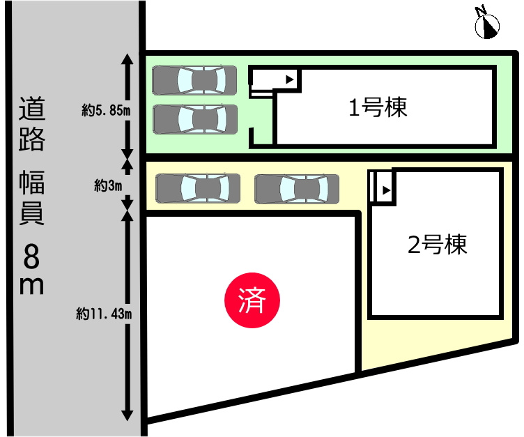 碧南市善明町の区画図|1号棟　並列駐車2台