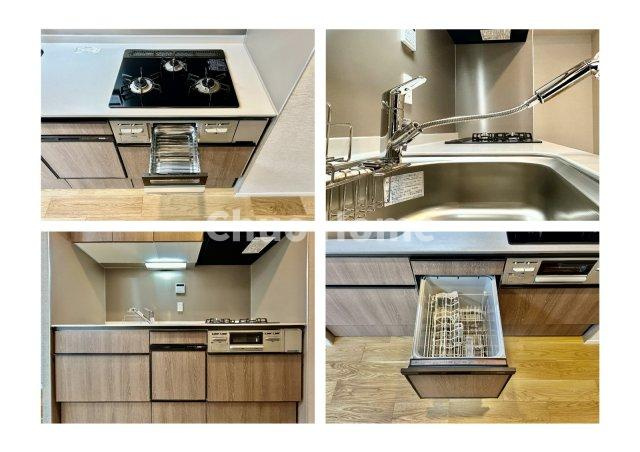 コスモ柴又駅前のキッチン|【システムキッチン】ワイドで収納豊富な使い勝手の良いシステムキッチンには、食洗器や伸縮タイプのキッチン水栓、三ツ口コンロ・魚焼きグリルなどの便利な設備が標準完備されています。