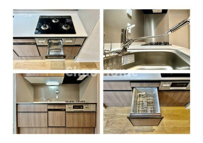 【キッチン】 | コスモ柴又駅前 | 【システムキッチン】ワイドで収納豊富な使い勝手の良いシステムキッチンには、食洗器や伸縮タイプのキッチン水栓、三ツ口コンロ・魚焼きグリルなどの便利な設備が標準完備されています。