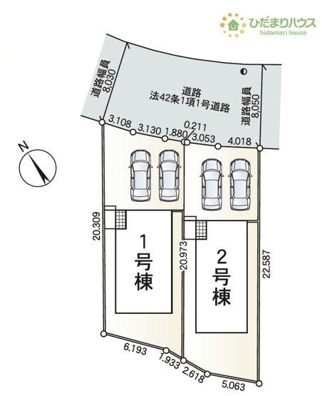 【区画図】 | 土浦市小岩田東第4　新築戸建　1号棟 | 前面道路幅6ｍ☆車の出入りもラクラクできちゃいます(^^♪
（1号棟）