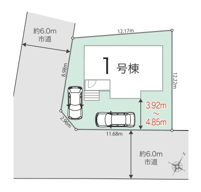 所沢市下富・全1棟　新築一戸建　～南西角地～の区画図|駐車2台可、日当たり・通風良好な南西角地です。