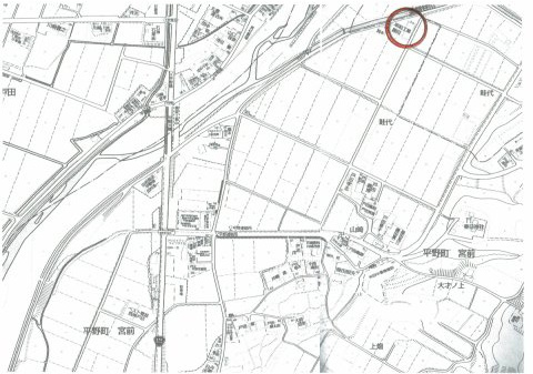 売り工場 （神戸市西区平野町）付属建物アリ（２世帯住宅）の地図|地図右上朱色の丸印が物でです