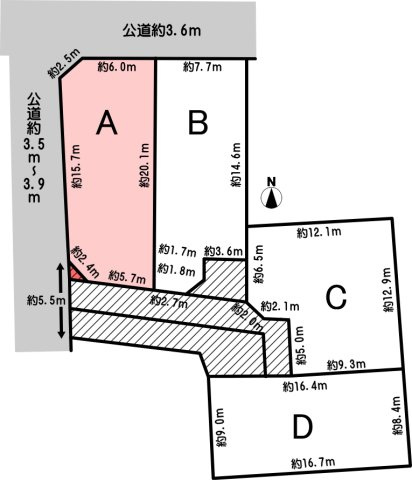 高浜市二池町の土地図|宅地有効面積146.76㎡（44.39坪）斜線部分は車路としてのみ使用（駐車は不可）
ABCD区画間にてお覚書を締結します