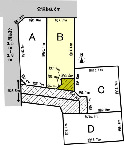 高浜市二池町の土地図|宅地有効面積146.77㎡（44.39坪）斜線部分は車路としてのみ使用（駐車は不可）
ABCD区画間にてお覚書を締結します